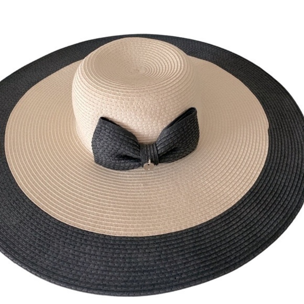 L’Atelier du Sac Straw Hat -OSFM tan /black with bow , NWT